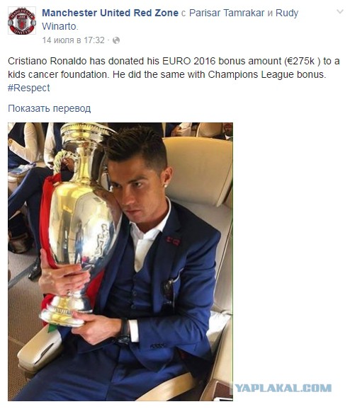 Роналду отдал призовые за победу на Евро на лечение больных раком детей