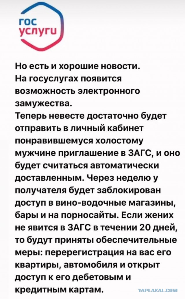 *БАЯН*Депутат Госдумы Виталий Милонов предложил создать на «Госуслугах» специальный раздел для поиска партнёра