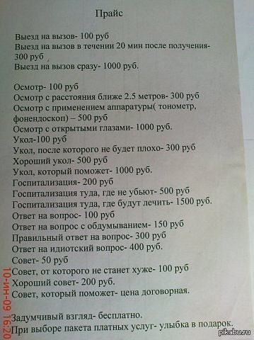 Прейскурант на услуги хирурга
