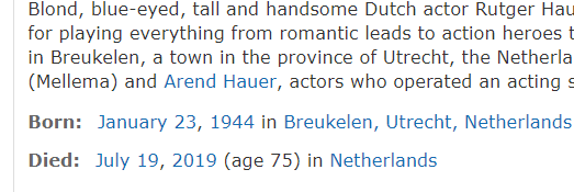 В возрасте 75 лет скончался  культовый нидерландский актёр Рутгер Хауэр