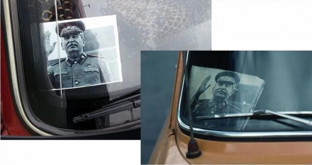 Водители вешали портрет Сталина на лобовое стекло автомобиля