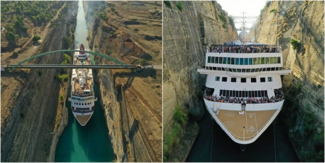 Впечатляющие кадры: огромное круизное судно протискивается по узкому каналу в Греции