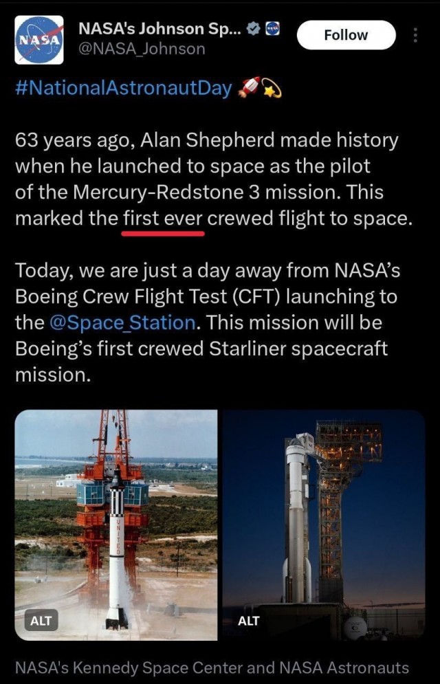 NASA назвало первым человеком в космосе американца Алана Шепарда, проигнорировав полёт Юрия Гагарина
