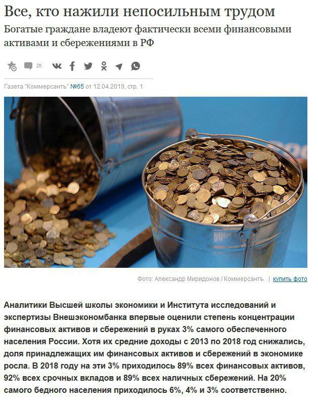 Почти все финансовые активы в стране принадлежат 3% самых богатых россиян