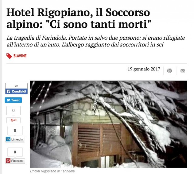 В Италии отель накрыло лавиной