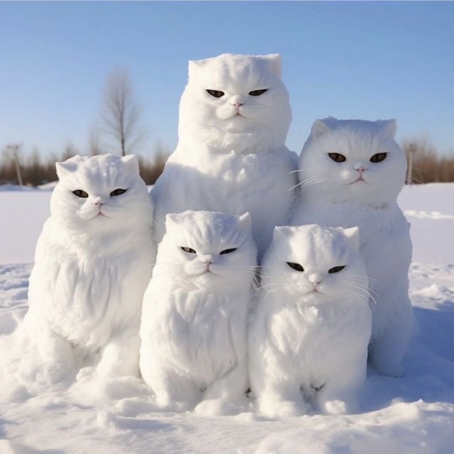 Котики из снега и котики на снегу