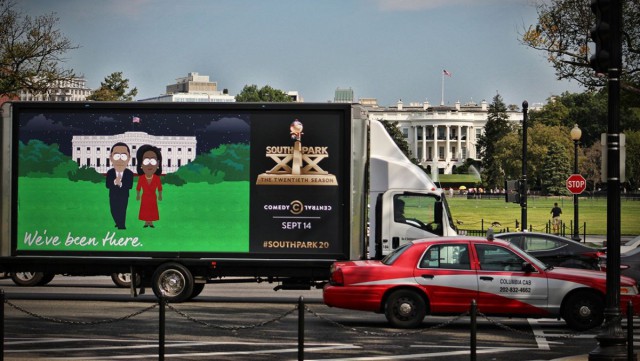 Авторы сериала «Южный парк» с размахом отмечают его двадцатилетие: выставили провокационные рекламные щиты даже у Белого дома