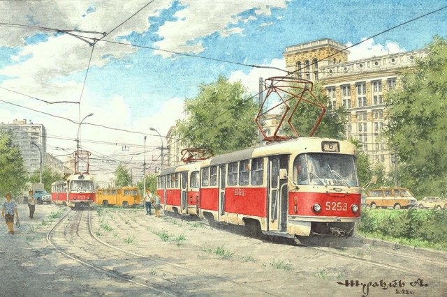 Советский общественный транспорт в прекрасных рисунках Александра Журавлёва