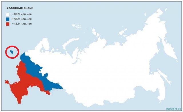 Карта России, разделенная на три части с примерно равным населением, на 2019 год