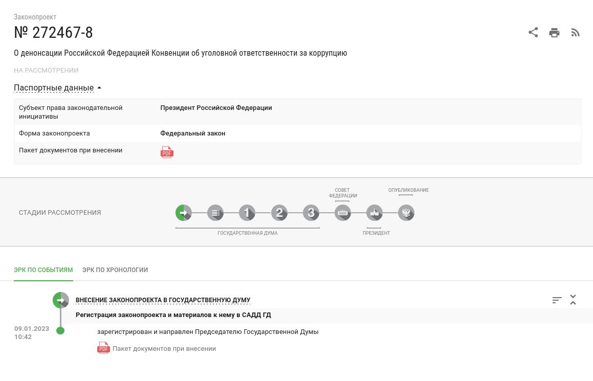 Путин внес в госдуму проект о денонсации россией конвенции об уголовной ответственности за коррупцию