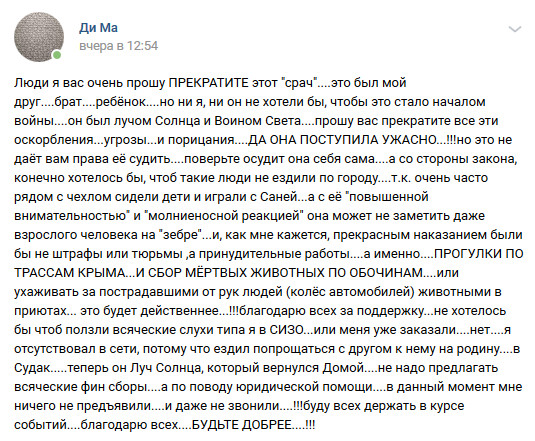 Что рассказывает виновница наезда на кота Шурика в Симферополе