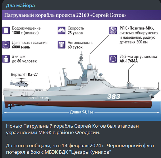 Военкор Коц сообщил, что подбит корабль Черноморского флота «Сергей Котов»