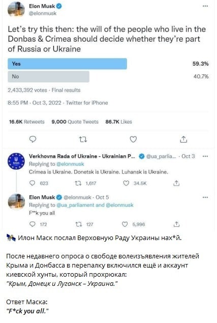 Илон Маск заявил, что большинство жителей в восточных областях Украины составляют русские, поэтому они предпочитают Россию.