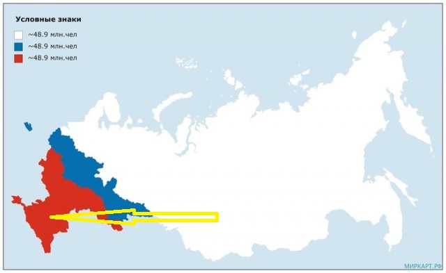 Карта России, разделенная на три части с примерно равным населением, на 2019 год