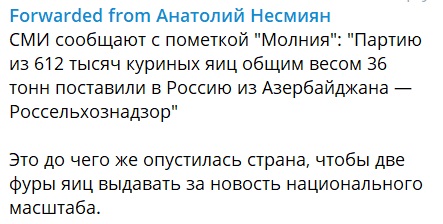 Азербайджан поставил в Россию 36 тонн куриных яиц