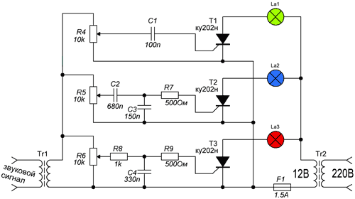 Цветомузыка своими руками на 220 вольт схема на 5 каналов с фоном