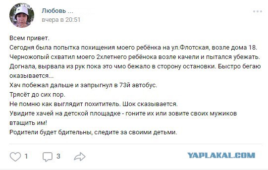 Моего ребёнка пытался похитить чурка.