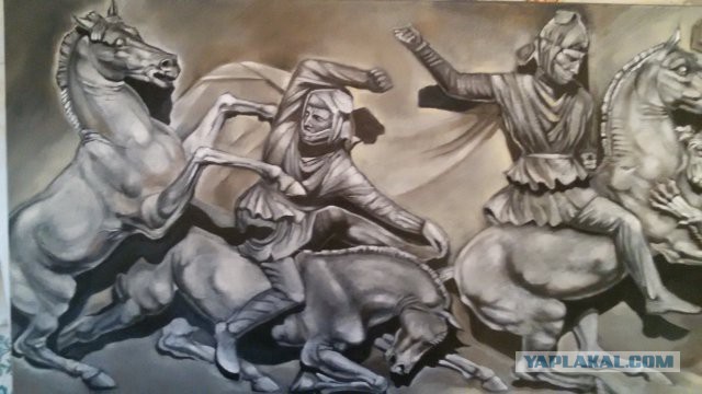 Картина с лошадьми и львом.