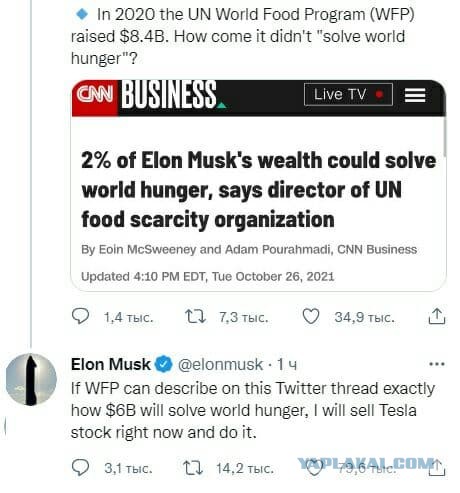 Илон Маск готов продать акции Tesla для спасения человечества от голода