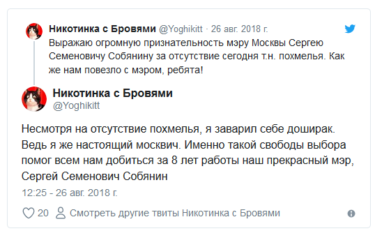 «Спасибо за корочку на острых крылышках»: в Твиттере стали хвалить Собянина за всё подряд