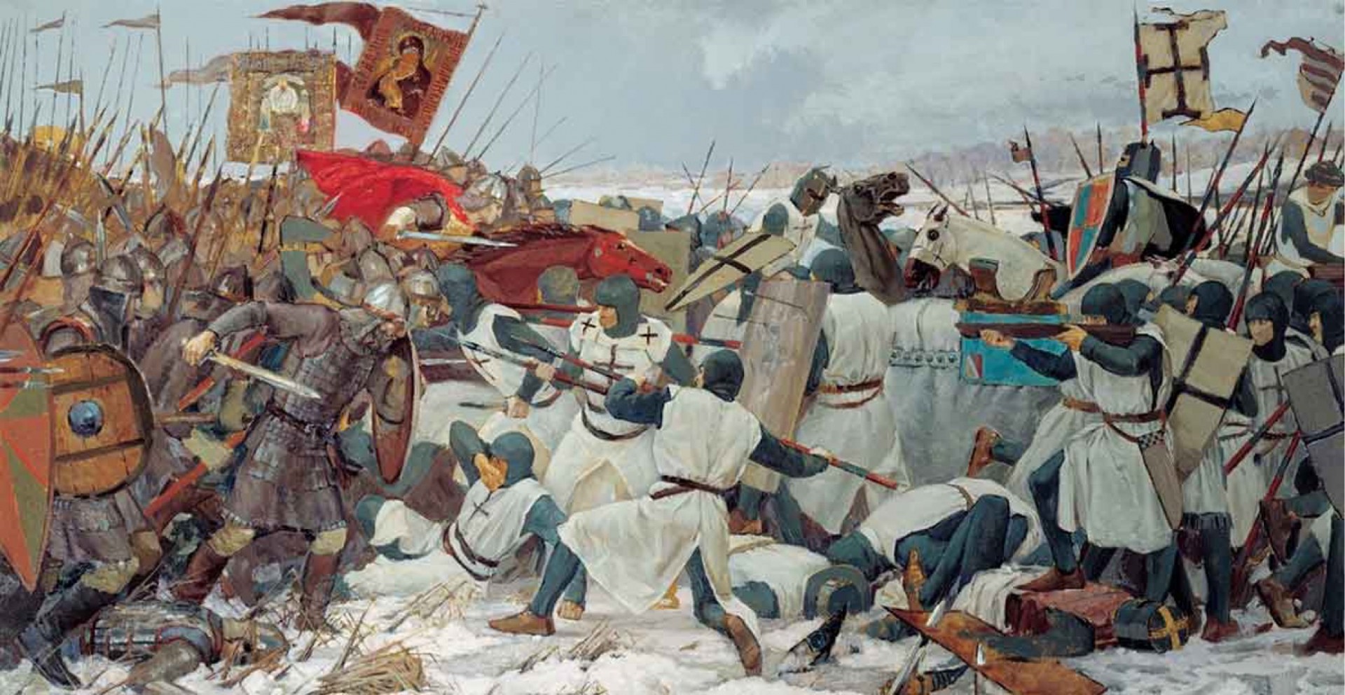 5 апреля 1242 года на льду Чудского озера новгородское войско под командованием князя Александра Ярославича Невского разгромило рыцарей Ливонского ордена.