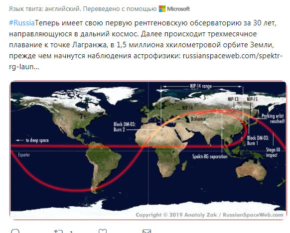 Онлайн трансляция  пуск ракеты-носителя «Протон-М»  c обсерваторией «Спектр-РГ»