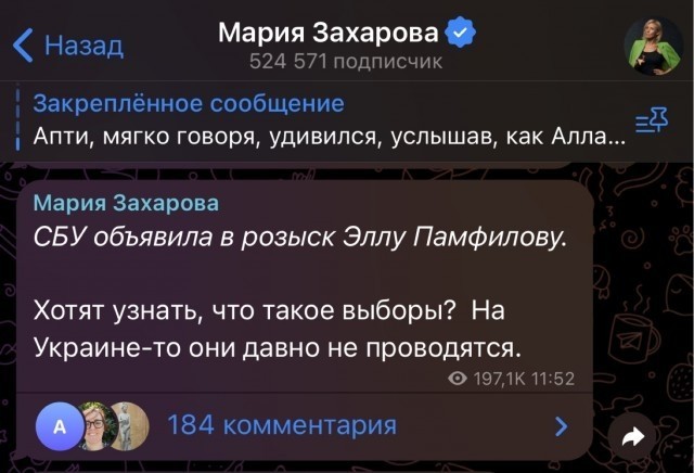 Украина  объявила в розыск Эллу Памфилову