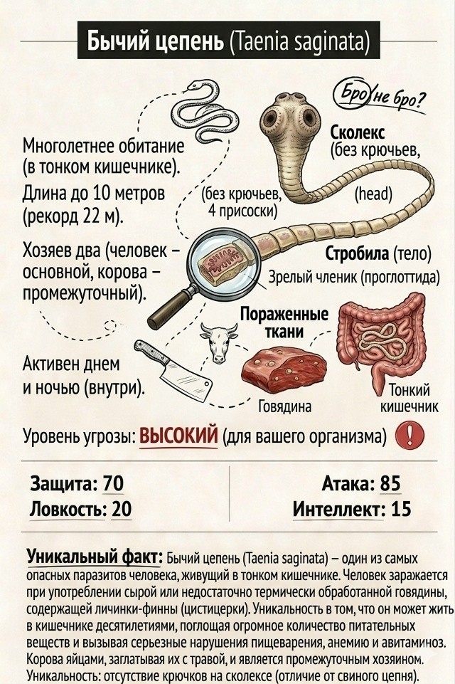 Бычий цепень. Десятиметровый паразит живущий в тебе и выпускающий из тебя своих личинок