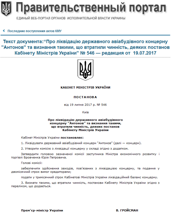 Киевские власти сообщили о намерении ликвидировать концерн «Антонов»