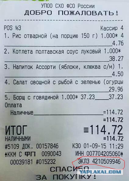 Чек из столовой управделами Президента РФ