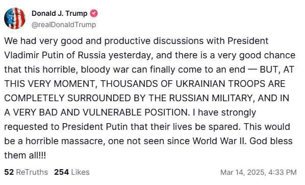 Трамп: вчера у нас состоялись очень хорошие и продуктивные переговоры с Путиным