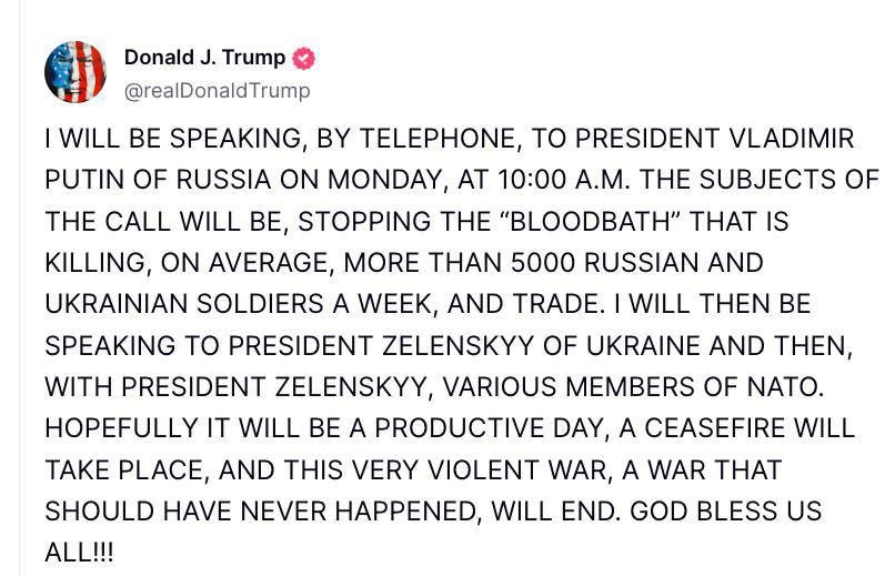 Трамп сообщил, что в понедельник намерен провести телефонный разговор с Путиным