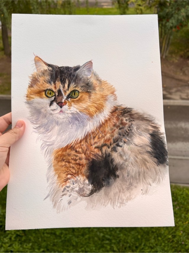 Кошка Муся с черным усом акварелью