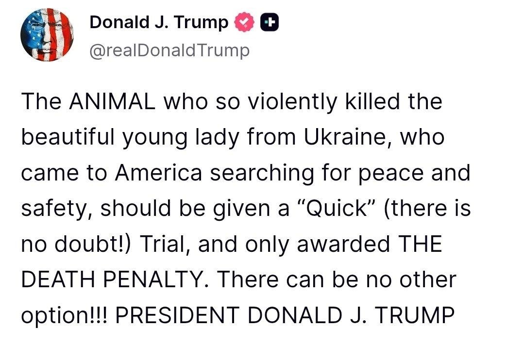Дональд Трамп призвал к смертной казни темнокожего бездомного, который заколол украинку в поезде, и назвал его «животным»