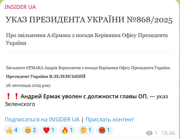 Глава офиса президента Украины Андрей Ермак подал заявление об отставке