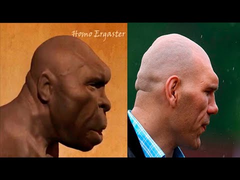 Модель неандертальца в современной одежде