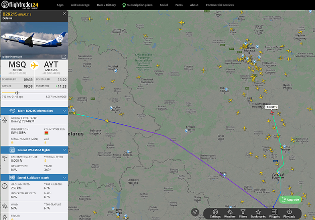 Пассажирский самолет, выполняющий рейс Минск - Анталья подал сигнал тревоги над Белгородской областью