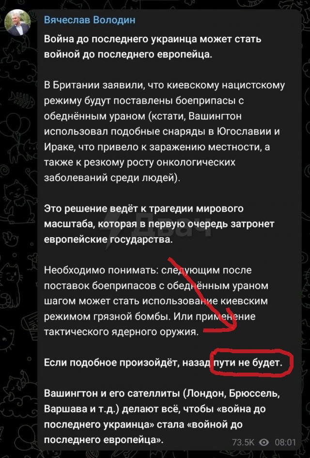 Володин о поставках боеприпасов с обеднённым ураном