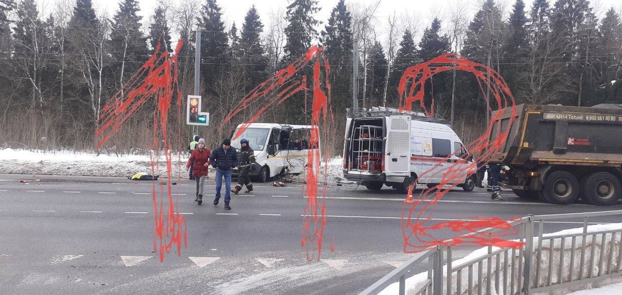 Два человека погибли при столкновении маршрутки и грузовика в Пушкино. Ещё шестеро пострадали