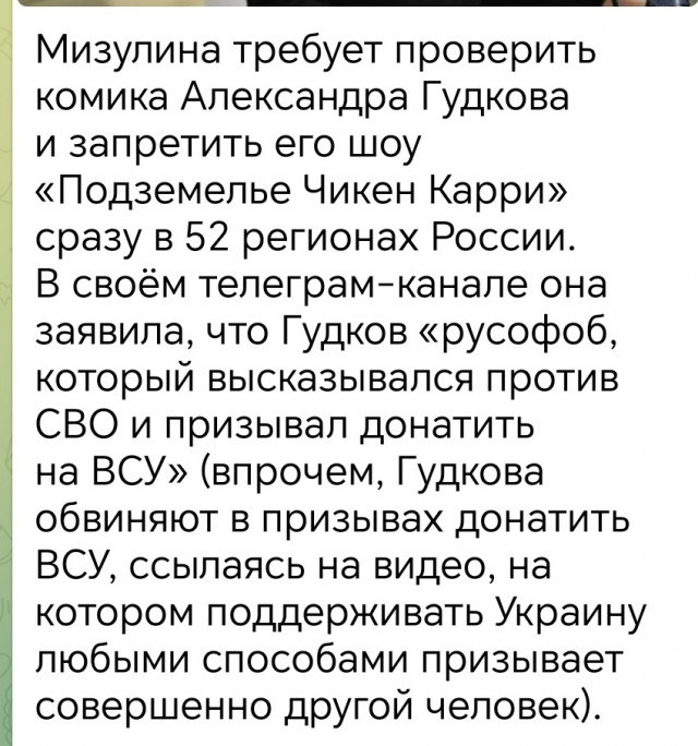 Мизулину возмутили предстоящие концерты Гудкова