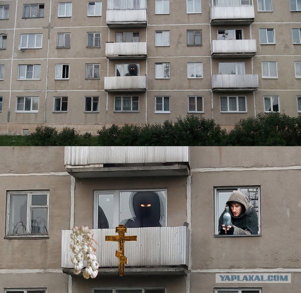 Это всего лишь тень от "тарелок" на крыше и включенная люстра в квартире