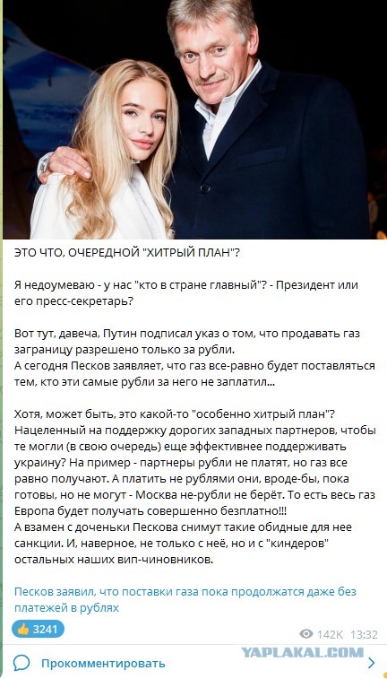 Песков: Запад как платил, так и будет платить в евро за газ