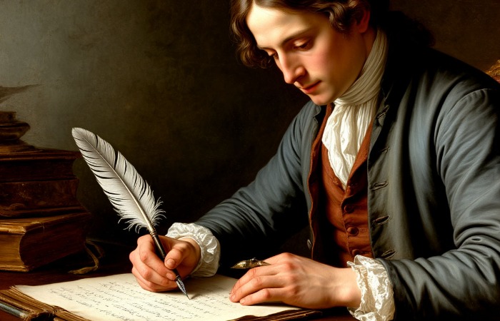 человек пишет от руки гусиным пером