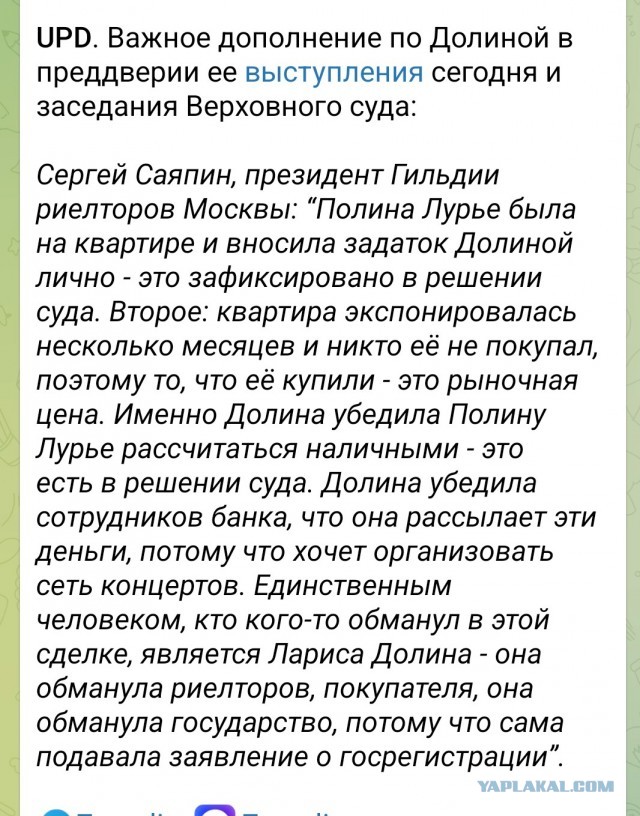 Долина в иске к Лурье указала на её неосмотрительность при сделке с квартирой