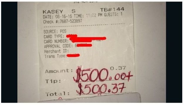 Официант американского кафе получил 500 долларов чаевых от посетителей, заказавших лишь воду