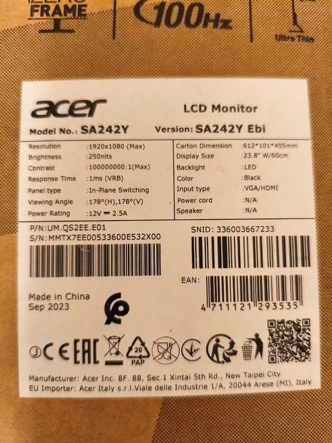Москва, Монитор ACER SA242Y, 23,8'', IPS, Full HD, 100Hz, 6000руб.