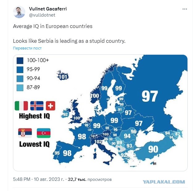 Уровень IQ на странам Европы