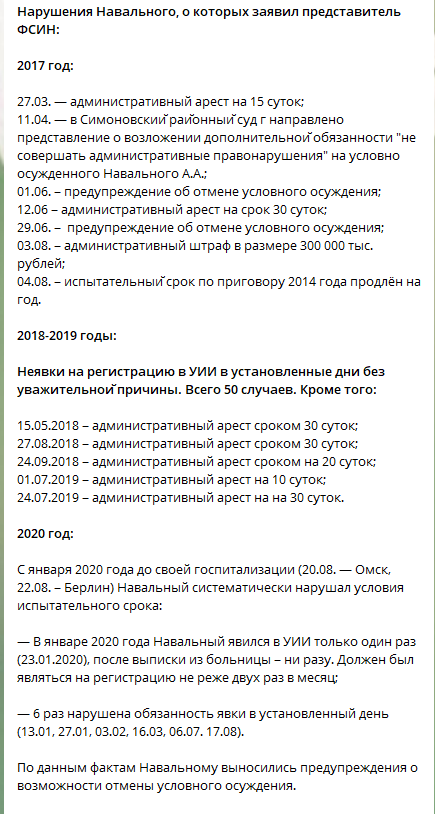 ФСИН просит суд отменить условное наказание Навальному и назначить ему 3 года 6 месяцев колонии, а также штраф в 500 000 рублей
