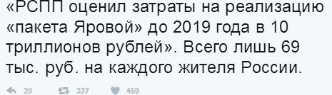Затраты на реализацию «пакета Яровой» вырастут до 10 триллионов рублей
