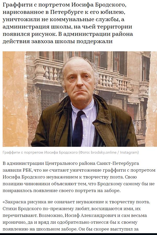 На месте закрашенного граффити с изображением Бродского в Петербурге стали писать стихи. Их тоже закрасили